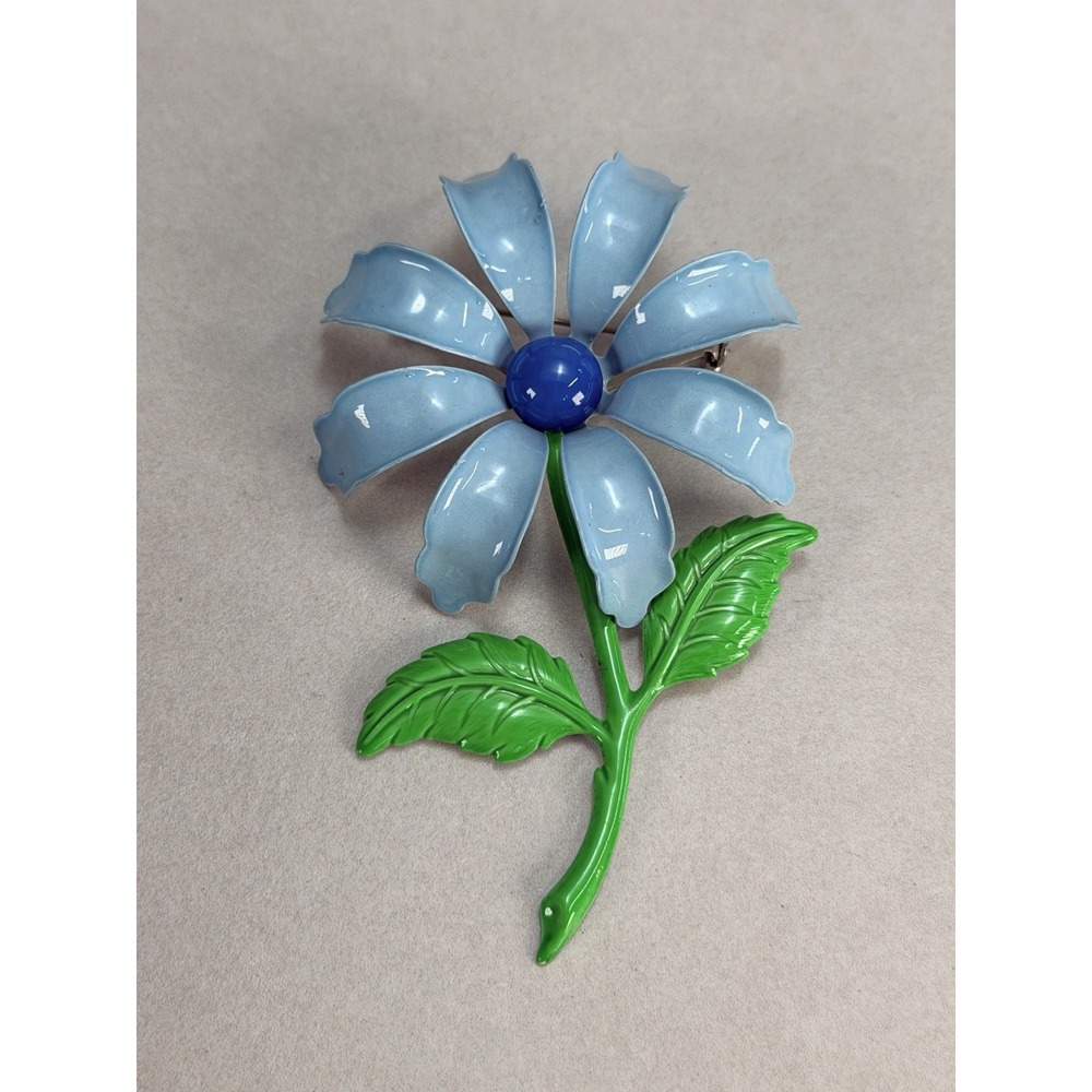 Vintage Large Blue Enamel Flower Brooch Dimensional Petals Green Leaves 60s